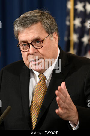 Washington, USA. 7th Mar, 2019. U.S. Attorney General William Barr speaks at a press conference on law enforcement actions related to elder fraud, in Washington, DC, the United States, on March 7, 2019. Credit: Liu Jie/Xinhua/Alamy Live News Stock Photo