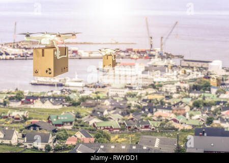 3d rendering of shipping cargo drones on town Stock Photo