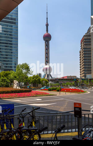 The Oriental Pearl Tower stands amid skyscrapers in Lujiazui, Pudong New Area, Shanghai, China. Stock Photo