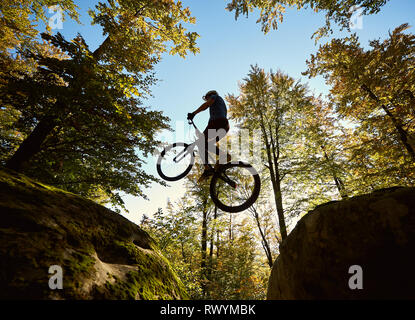 Young male biker jumping on trial bicycle between two big boulders, professional rider making acrobatic trick in the forest on sunny day. Concept of extreme sport active lifestyle Stock Photo