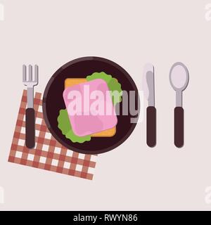 Toast with ham and green salad served on a plate with fork, knife, spoon and napkin. Healthy food. Vector illustration. Stock Vector