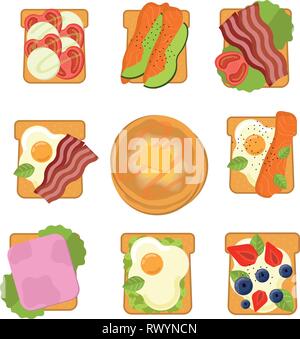 Set of sandwiches with different ingredients. Toast with avocado salami cheese salmon berries, strawberry. Pancales Healthy food. Stock Vector