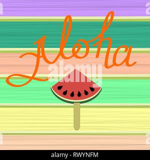 Lettering Vacation Text with Part of Watermelon on Colorful Wooden Planks. Hand Sketched Aloha Typography Sign Stock Vector