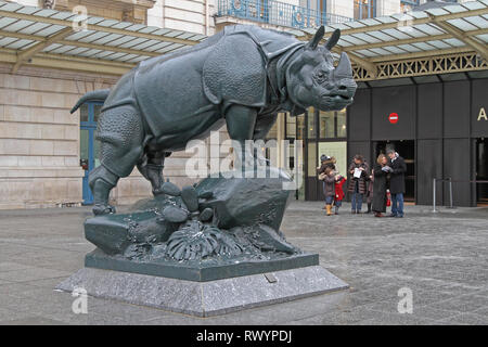 Paris, France - January 06, 2010: The Rhinoceros Sculpture in Front of Gare d Orsay Museum in Paris, France. Stock Photo