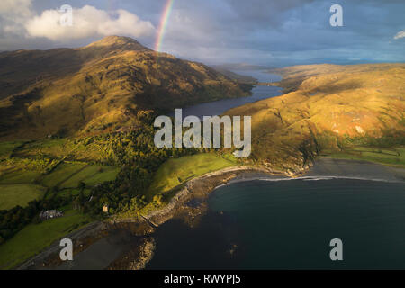 Aerial image showing the shoreline and mountains of Loch Buie, location of the cult 1940's film 'I Know Where I'm Going'. Stock Photo