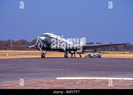 Dakota aircraft at Kariba airport, Zimbabwe Stock Photo