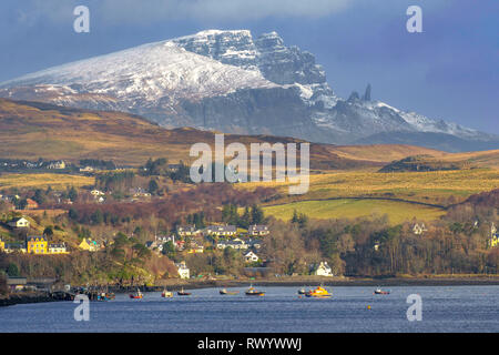 A view of Loch Portree with the Old Man of Storr Isle of Skye, Scotland. Stock Photo