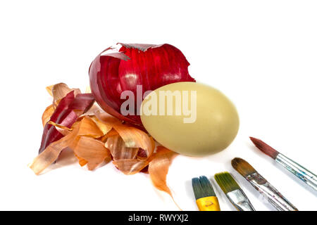 Egg, painting brushes and dried onion skin isolated on white. Easter eggs dyed with onion skins conceptual image Stock Photo
