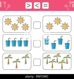 Learning mathematics, numbers - choose more, less or equal. Tasks for children, worksheet for kids. Count how many summer items and write result Stock Vector