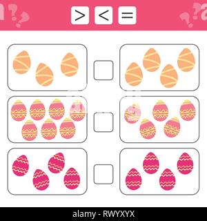 Mathematics educational game for children. Learning counting, mathematical equation, weights and algebra. Easter eggs. Choose more, less or equal Stock Vector
