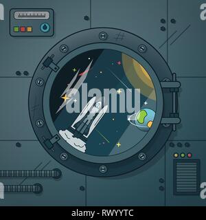 The interior of a spaceship with a porthole and various instruments. Through the porthole opens onto the open space. Stock Vector