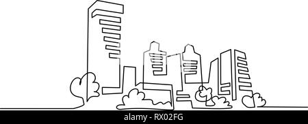 Continuous one line drawing. Building Cityscape Line Art Silhouette. Vector illustration Stock Vector