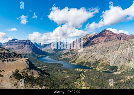 View from Continental Divide Trail onto Mountain Lake Two Medicine Lake with mountain landscape, Sinopah Mountain Stock Photo