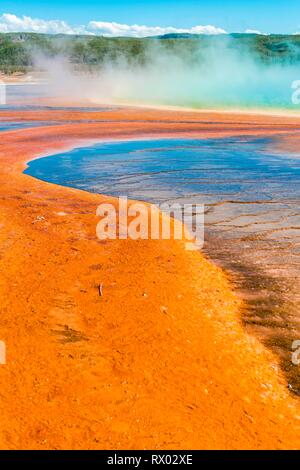 Colored mineral deposits at the edge of the steaming hot spring, detail view, Grand Prismatic Spring, Midway Geyser Basin Stock Photo