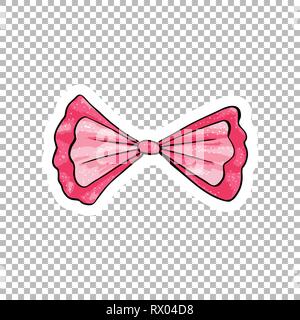 Pink bow hand drawn illustration. Ribbon knot contour drawing on transparent background. Dotted bowknot isolated flat doodle clipart. Bow-tie cartoon sticker. Greeting card watercolor design element Stock Vector