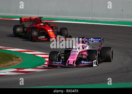 Montmelo, Barcelona - Spain. 28h February 2019.  Lance Stroll of Canada driving the (18) Racing Point RP19 Mercedes on track during  F1 Winter Testing Stock Photo