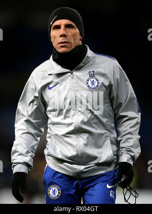 Chelsea assistant manager Gianfranco Zola during warm-up before the UEFA Europa League, round of 16 first leg match at Stamford Bridge, London. Stock Photo