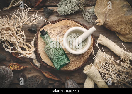 Bottle of infusion and mortar full of moss on wooden stump, nut shell, dry plants, eucalyptus and lotus seeds. Top view. Stock Photo