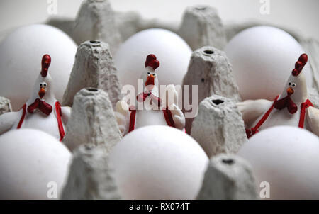Three Easter rooster decorations in the middle of a box of eggs Stock Photo