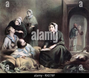 Florence Nightingale at the Hospital, Scutari, 1st January 1855. By J. A. Vinter, after Henry Barraud (1811-1874). Florence Nightingale (1820-1910), English social reformer, statistician, and the founder of modern nursing. Here seen writing letters home for wounded soldiers. Stock Photo