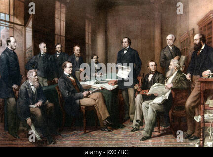 The Beaconsfield Cabinet, 1874. By Charles Mercier (1834-1901). A group portrait, showing the Beaconsfield Cabinet of 1874 assembled in the Cabinet Room at No. 10 Downing Street. By Charles Mercier (1834-1901). Stock Photo