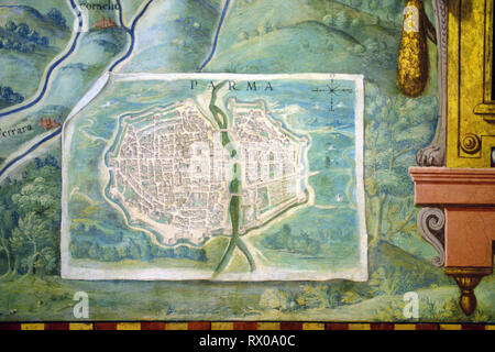 Town Plan or Old Map of Parma, Italy. Fresco or Wall Painting in Gallery of Maps (1580-83) based on Drawings by Ignazio Danti Vatican Museums Stock Photo