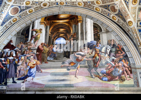 Painting or Fresco, Expulsion of Heliodorus from the Temple (1511-1513), Room of Heliodorus, by Raphael in Apostolic Palace Vatican Museums Vatican Stock Photo