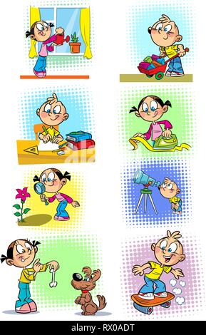 The illustration shows some housework for children. Rest and domestic work during the day. The illustration in cartoon style,  on separate layers. Stock Vector