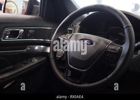 Russia, Izhevsk - January 27, 2019: Showroom Ford. Interior of new vehicle. Prestigious cars. Modern transportation. Stock Photo