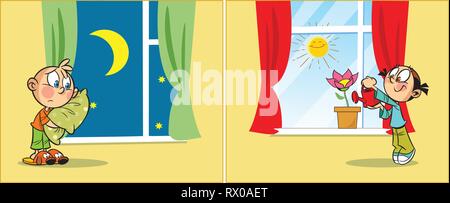 The illustration shows a children at different times of day, in the room. The children are going to bed and wake up in the morning. Stock Vector
