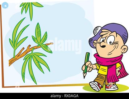 The illustration shows the cartoon young artist who paints on canvas green tree branch Stock Vector
