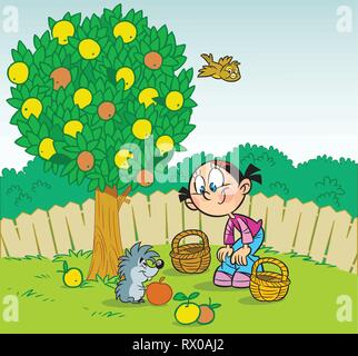 The illustration shows a girl who works in the garden. Little funny hedgehog helps her pick apples. Illustration done in cartoon style. Stock Vector