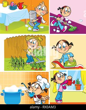 Boy do washing dishes and working in the garden. Little girl perform preparing food, ironed clothes, vacuuming the floor and watering flowers. Stock Vector