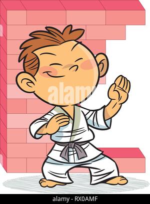 The illustration shows a boy in a kimono, which is engaged in karate. Illustration done in cartoon style, on separate layers. Stock Vector