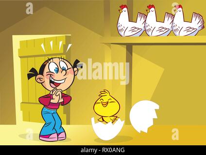The illustration shows a funny girl in the henhouse. She is smiling, looking at the little chicken. Illustration done in cartoon style, on separate la Stock Vector
