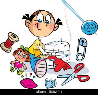 The illustration shows a little girl who sews on the sewing machine dress for the doll. Near it shows the various items for sewing. Illustration done  Stock Vector