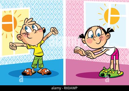 The illustration shows a boy and a girl who do morning exercises in the room. Illustration done in cartoon style, on separate layers. Stock Vector