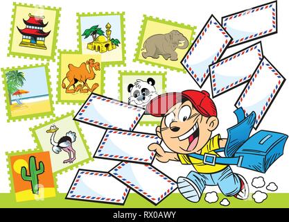 The illustration shows the boy postman who delivers letters. Illustration done in cartoon style. Stock Vector