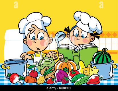 The illustration shows a boy and a girl. They cook in the kitchen. Stock Vector