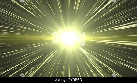 Warm Light Beam Hyperspace Travel. Fantasy image depicting a fast light speed cosmic travel. Stock Photo