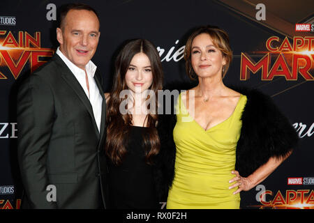 Clark Gregg, his daughter Stella Gregg and his wife Jennifer Grey attending the 'Captain Marvel' world premiere at El Captian Theatre on March 4,2019 in Los Angeles, California. Stock Photo