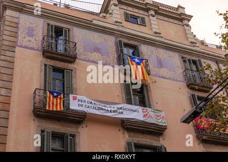 BARCELONA, SPAIN - February 12, 2019:  A dozen leaders of Catalonia's failed 2017 independence bid have gone on trial in Madrid, facing charges includ Stock Photo