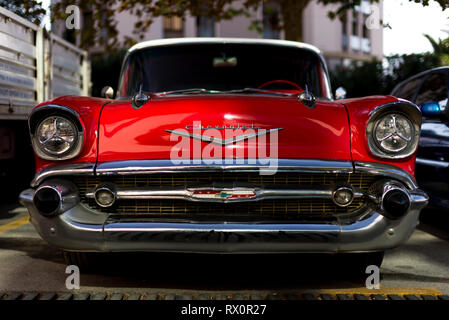 Izmir, Turkey - September 23, 2018: Front view of a red colored 1957 Chevrolet Stock Photo