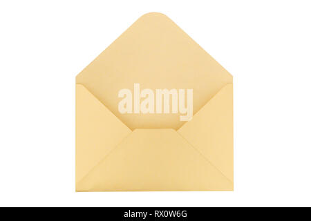 Open yellow paper envelope isolated on white background. Stock Photo