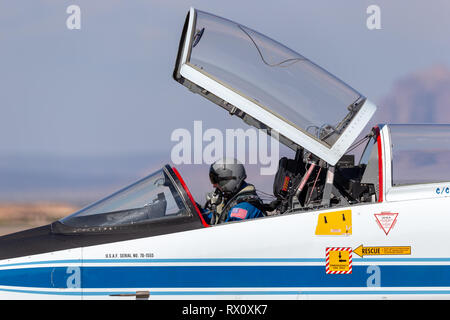 Pilot in the cockpit of NASA (National Aeronautics and Space Administration) Northrop T-38 Talon jet aircraft N961NA at Phoenix-Mesa Gateway airport. Stock Photo