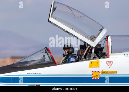 Pilot in the cockpit of NASA (National Aeronautics and Space Administration) Northrop T-38 Talon jet aircraft N961NA at Phoenix-Mesa Gateway airport. Stock Photo