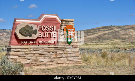 Entry sign to Fossil Butte National Monument Stock Photo