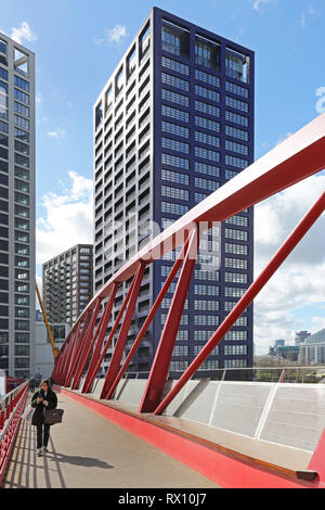 Pedestrian bridge to London's City Island, a new residential development in a loop of the River Lea, close to the River Thames east of the City. Stock Photo