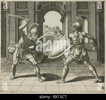 The Two Gladiators. Master of the Die (Italian, active c. 1530-1560); after Giulio Romano (Italian, c. 1499-1546). Date: 1530-1540. Dimensions: 207 x 232 mm. Engraving in black on cream laid paper. Origin: Italy. Museum: The Chicago Art Institute. Stock Photo