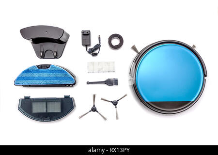 Robot vacuum cleaner parts and attachments isolated on white background Stock Photo